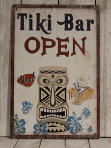 Tiki Bar Open Tin Sign Tropical Beach Party Decor Vintage Rustic Style - Picture 1 of 4