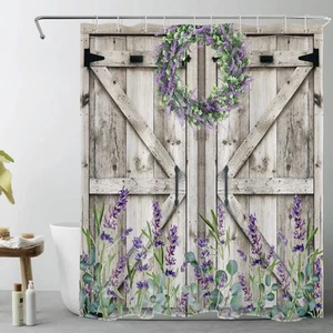Western Barn Door Shower Curtain for Bathroom, Purple Lavender and Green Euca... - Picture 1 of 7