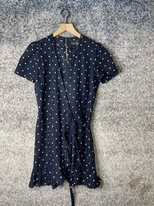 J Crew Dress Womens Large Navy Blue White Polka Dot Linen Midi Ruffle Hem Summer - Picture 1 of 7