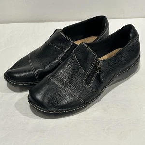 Clarks Woman’s Cora Harbor Black Leather Loafer Shoes, Sz 8M, Slip On, Zip - Picture 1 of 10