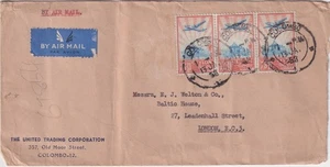 1953 Ceylon Air Mail 75c Strip 3 on Cover Colombo to London - Postal History - Picture 1 of 3