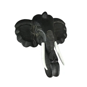 Hand Carved African Elephant Bust Sculpture Wooden Home Decor Wall Art Statue - Picture 1 of 5