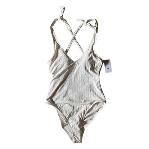 Shade & Shore gerippt tiefer V-Ausschnitt Bindebänder niedrige Abdeckung cremeweiß klein Neu mit Etikett - Bild 1 von 12