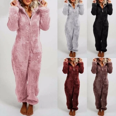 Damen Kuscheliger Winter Warme Fleece Pyjamas Lang Weich Overall Schlafanzug - Bild 1 von 4