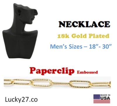 18k Gold Plated Stainless Steel Men Chain Necklace - PAPERCLIP  18" to 30" - Image 1 of 4
