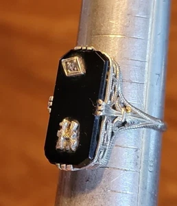 Antiker Art Deco Ring 14 Karat Weißgold filigran Onyx Diamant Größe 7,5 - Bild 1 von 16