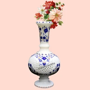 Dekorative Bodenvase aus weißem Marmor mit filigraner Intarsienarbeit | Handarbeit - Bild 1 von 7