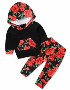 Infant Baby Girl Floral Pattern Long Sleeve Hoodie and Pants 2 pcs Outfit Black/ - Picture 1 of 1