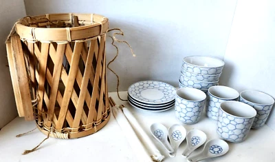 IKEA Taza Plato Arroz Cuchara Juego de 16 Piezas Círculos Azules Ratán Estuche de Almacenamiento NUEVO Foto 1 de 4