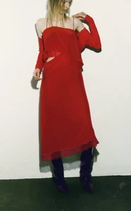 ZARA Studio Limited Edition Deep Red Midi Slip Dress. M UK 10 Slits. Lace. £80 - Picture 1 of 15