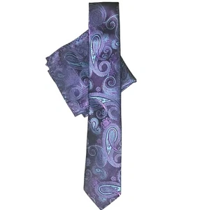 Men's Tie Handkerchief Set Handmade Necktie Hanky Paisley Blue Purple Green - Picture 1 of 7