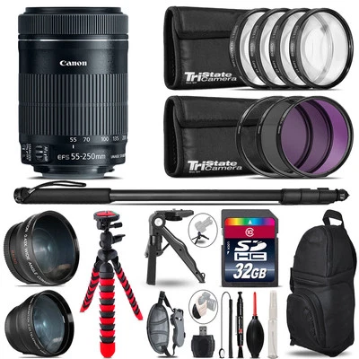 Canon 55-250 mm IS STM - Kit de 3 lentes + trípode + mochila - Paquete de accesorios de 32 GB Foto 1 de 4