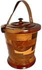 VTG Roatan Marquetry Inlay Wood Ice Bucket Marble Plastic Lining Leather Strap