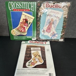 LOT Needle Treasures Cross Stitch Bucilla Sunset Christmas Stocking Kits Inserts - Picture 1 of 8