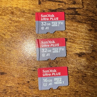 Lot of 3 SanDisk Ultra PLUS MicroSD Cards – 32GB x2 + 16GB x1 – Class 10 A1  - Image 1 of 3