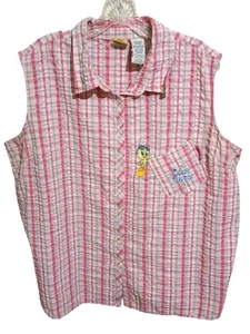 Looney Tunes Sleeveless Pink Plaid Button Up Shirt Embroidered Tweety Bird 22/24 - Picture 1 of 12