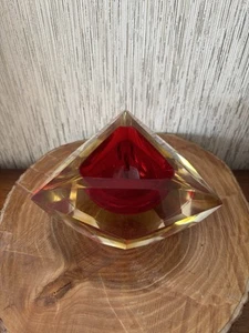 VINTAGE MANDRUZZATO MURANO SOMMERSO GLASS ASHTRAY FACETED RED & AMBER - Picture 1 of 12