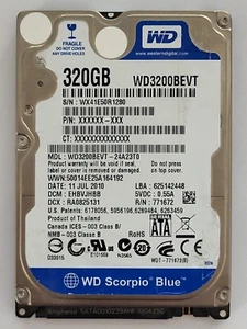 WD3200BEVT-24A23T0, DCM: EHBVJHBB, JUL 2010, Western Digital 320Gb 2.5" Sata HDD - Picture 1 of 2