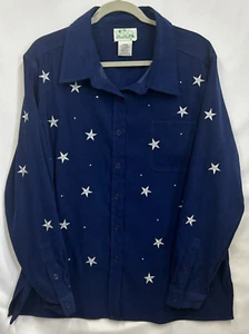 Large Quacker Factory L Velvet Velour Embroidered White Stars Blue Blouse Shirt - Picture 1 of 9