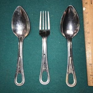 Mess Kit Utensils Lot Of 3 - UCCO Stainless Fork - 2 Skoco Spoons Marked U.S. 7” - Picture 1 of 8