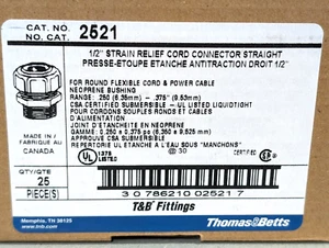 Box of (25) Thomas & Betts 2521 1/2" Strain Relief Cord Connector Straight - Picture 1 of 2