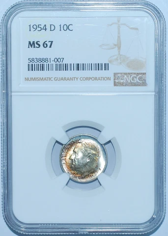 1954 D NGC MS67 Roosevelt Dime Cover