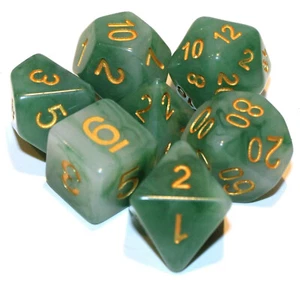 Juego de 7 Piezas Dados Poliédricos - Bufones Verde Jade con Números Dorados - Bolsa Verde - Imagen 1 de 2