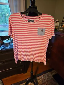 Tommy Hilfiger Tee Pink Striped Logo Denim Pocket XL Cute Stylish Carefree - Picture 1 of 5