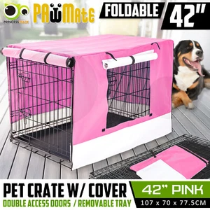 42in Dog Cage Pet Wire Crate Puppy Cat Foldable Metal Kennel Portable Tray Cover - Picture 1 of 11