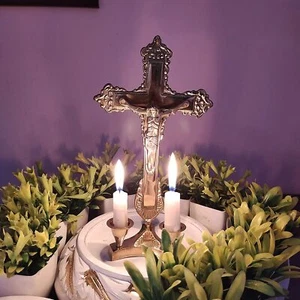Brass Statue of Jesus Christ On Cross with 2 Candle Holder Stand for Worship - Picture 1 of 3