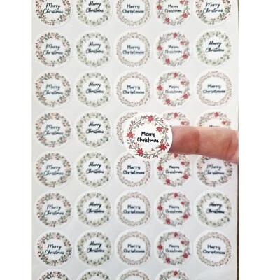 ESKVINYL 40 Merry Christmas Stickers Labels Holly Wreath Happy Self Adhesive Circle Gift