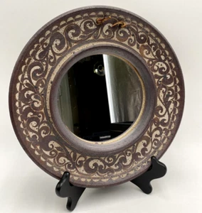 OOAK Ceramic Handmade Round 11" Mirror Pottery Leather Hanger Rustic Wall Decor - Picture 1 of 22
