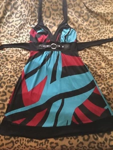 TABOO Halter DRESS - size M - Black Blue Red ColorBlock exotic ClubWear - Picture 1 of 4