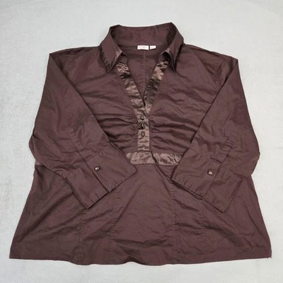 Cato Woman Shirt Womens 22/24W Brown Satin Trim Button Up 3/4 Sleeve Blouse Top - Image 1 of 4
