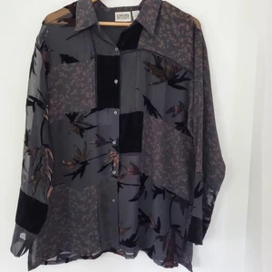 CHICO'S DESIGN Sz XL Velvet Burnout Patchwork Shirt Button Black Brown Floral - Picture 1 of 14