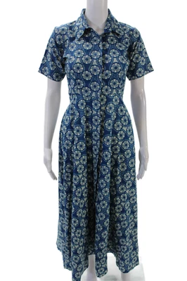 Elisamama Womens Button Front Short Sleeve Abstract Midi Dress Blue White XS - Image 1 of 4