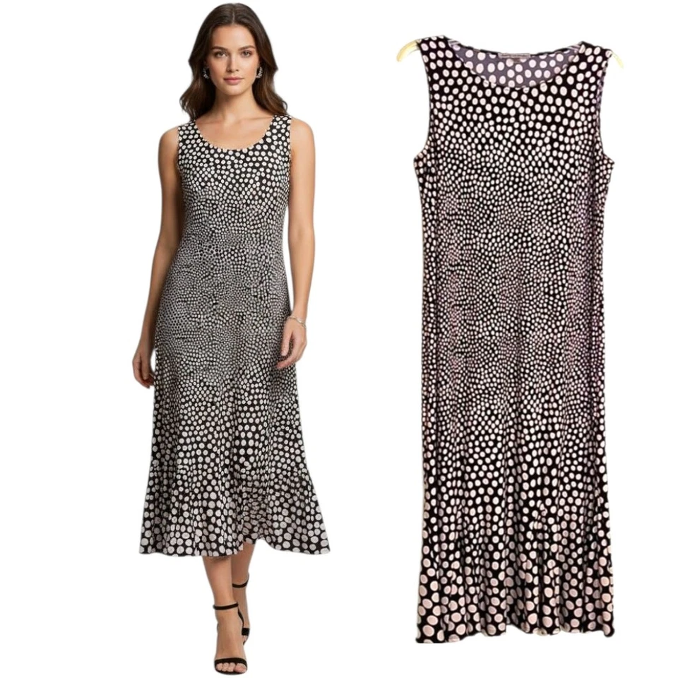 Vestido Danny & Nicole Midi Talla 14 Negro Crema Lunares Sin Mangas Tejido Elástico  Foto 1 de 4