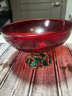 Vintage Ruby Red Color Glass Christmas Pedestal Bowl with Applied Holly Flowers  - Image 1 of 4