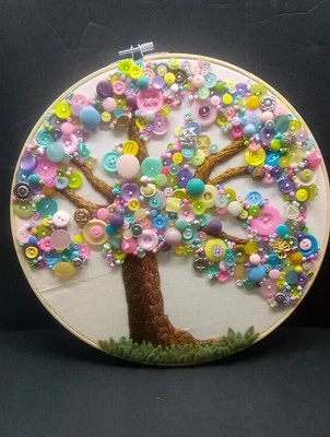 Handmade Button Tree Embroidery Metal Glass Plastic Buttons 12" Made By Me - Image 1 of 4