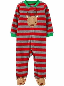 Infant Boys Red & Gray Striped Reindeer Christmas Footie Sleeper Pajamas 3m - Picture 1 of 3