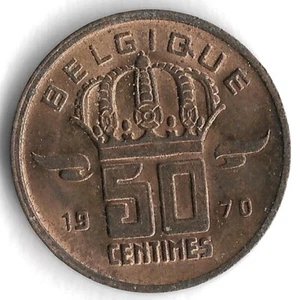 *French Text* 1970 Belgium 50 Centimes World Coin - Mintage 16,000,000 - KM# 144 - Picture 1 of 2