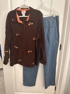 Quacker Factory Womens XL Fall Autumn Embroidered Leaves Jeans & Corduroy Shirt - Picture 1 of 12