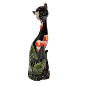 Vintage Black Ceramic Cat- Hand Painted Floral Design - Picture 1 of 7