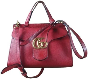 Auth Gucci Red Pebbled Leather Marmont Top Handle Bag - Picture 1 of 12