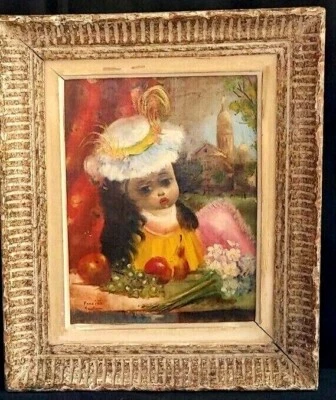 Pintura al óleo original firmada por santini poncini parís niña enmarcada 20" x 17" Foto 1 de 4