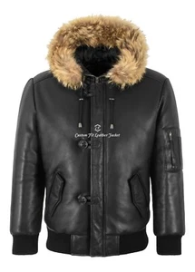 Men's Aviator Parka Bomber Leather Jacket Padded Fur Hooded Classic Style Jacket - Picture 1 of 9