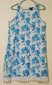 Blau Blumen ärmellos Robert Louis Kleid Spitzensaum Slip gefüttert Reißverschluss hinten Gr. Small - Bild 1 von 10