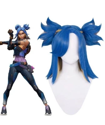 Valorant Neon Cosplay Wig Blue Mixed Yellow Fashion Straight Ponytail Hair - Image 1 of 3