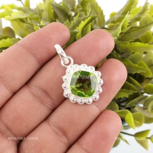 925 Silver Peridot Gemstone Birthday August Engagement Art Deco Pendant Jewelry - Picture 1 of 10