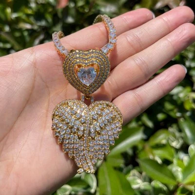 3AAA+ CZ Ice Out Hop Hip Heart Bail Prong Pendant Necklace 24k Real Gold Plated - Image 1 of 4